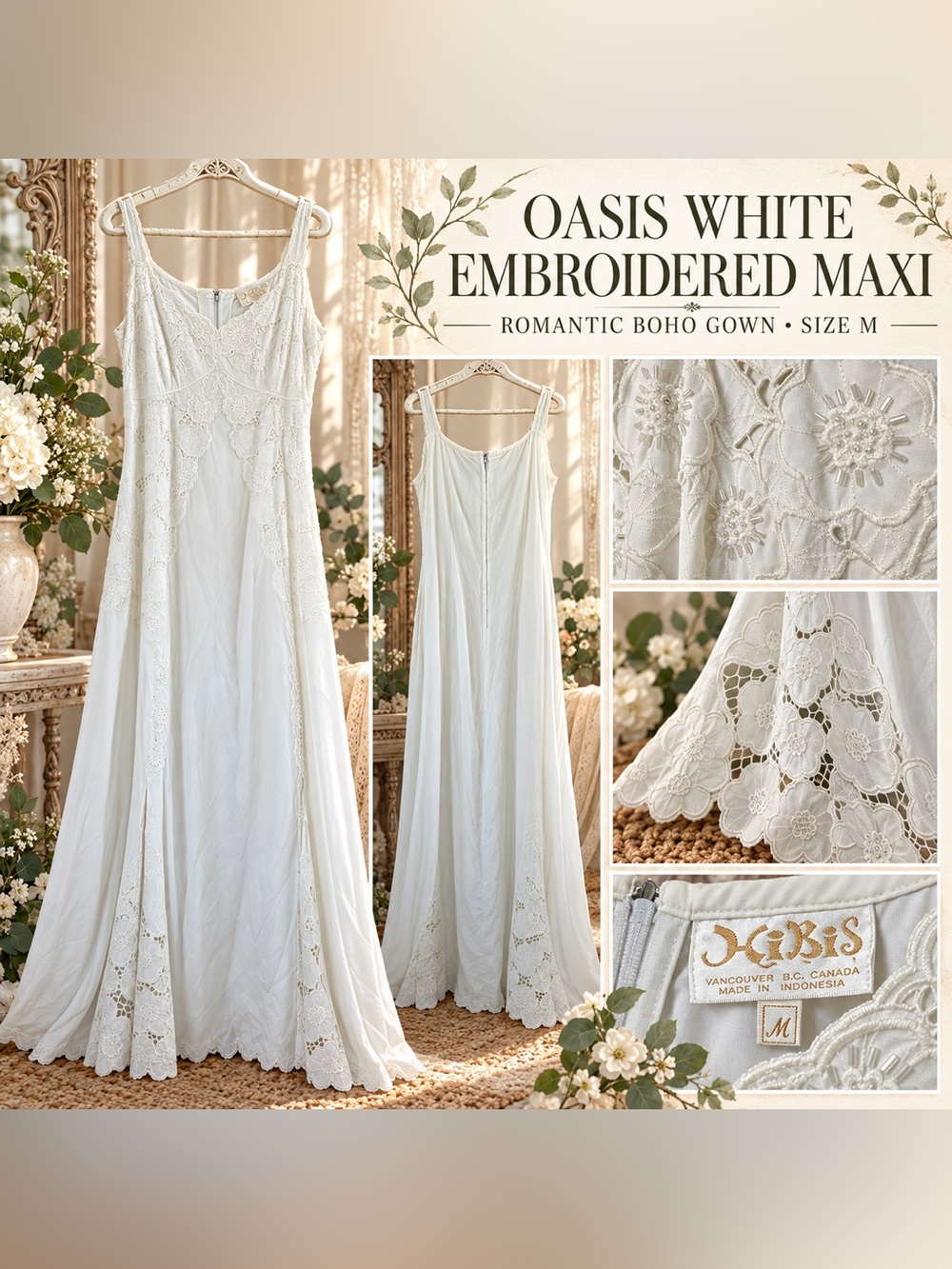 Oasis White Embroidered Boho Maxi Slip Gown - M